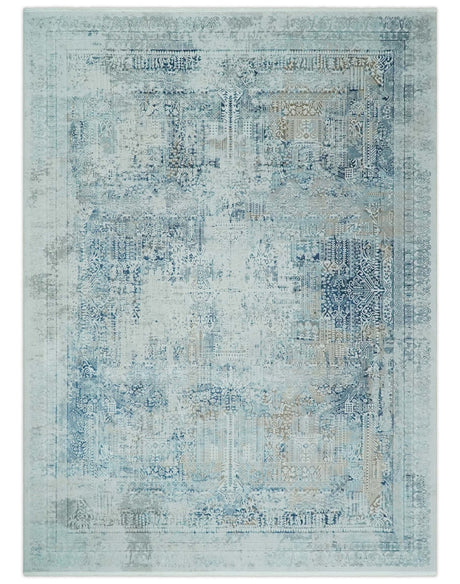 Transitional Blue and Ivory Antique Finish Art Silk Area Rug