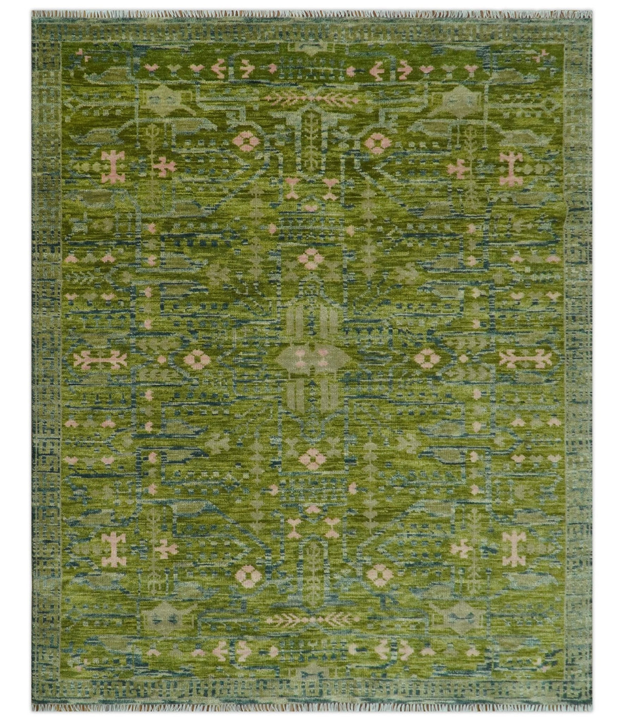 Transitional Design Green And Blue Hand Knotted Custom Made Wool Rug