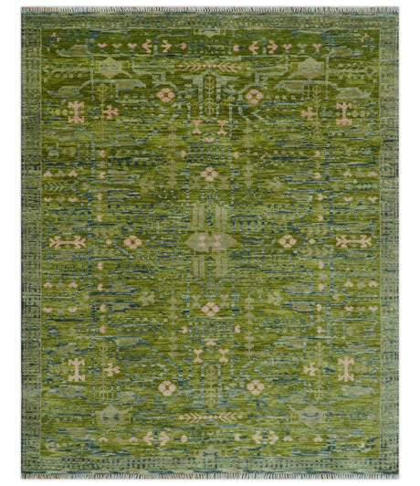 Transitional Design Green And Blue Hand Knotted Custom Made Wool Rug