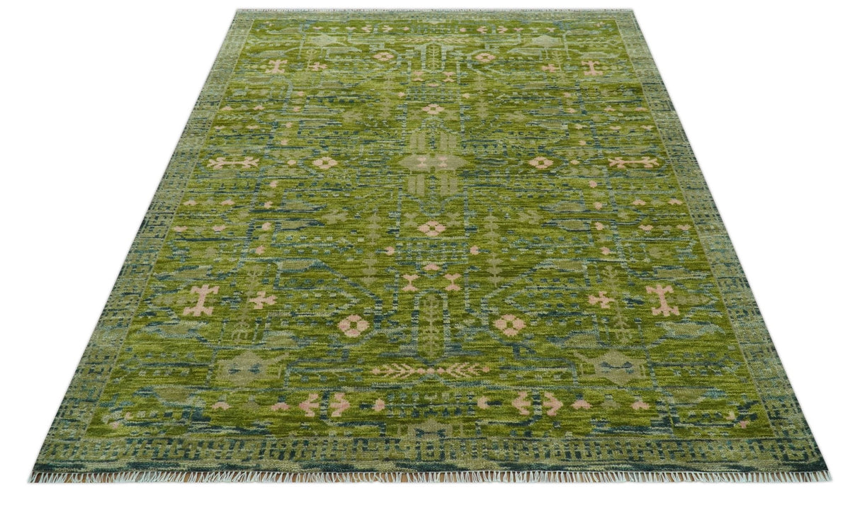 Transitional Design Green And Blue Hand Knotted Custom Made Wool Rug