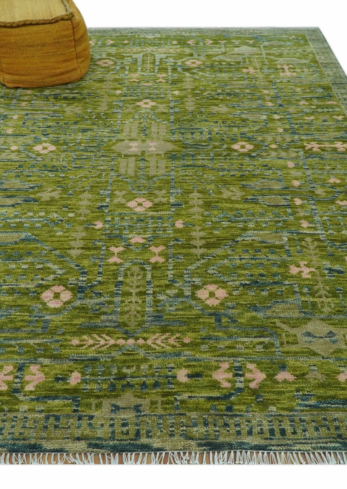Transitional Design Green And Blue Hand Knotted Custom Made Wool Rug