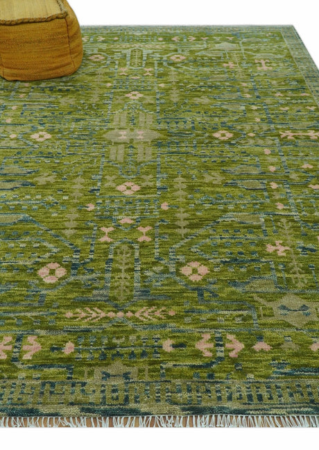 Transitional Design Green And Blue Hand Knotted Custom Made Wool Rug