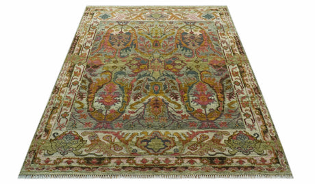 Transitional Green, Pink, Silver and Gold Hand Knotted Custom Made wool area rug