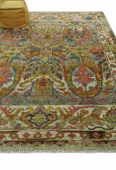 Transitional Green, Pink, Silver and Gold Hand Knotted Custom Made wool area rug