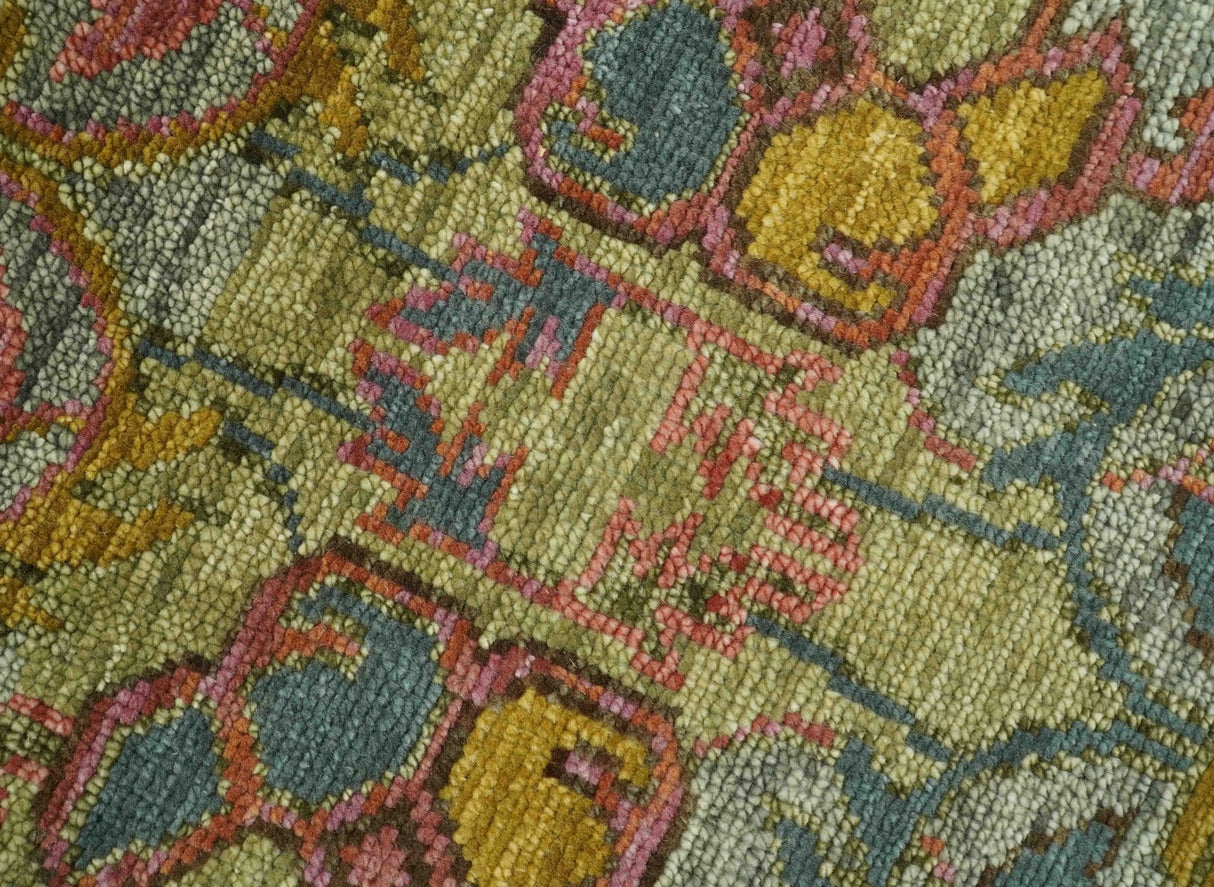 Transitional Green, Pink, Silver and Gold Hand Knotted Custom Made wool area rug