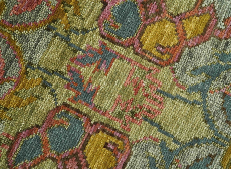 Transitional Green, Pink, Silver and Gold Hand Knotted Custom Made wool area rug