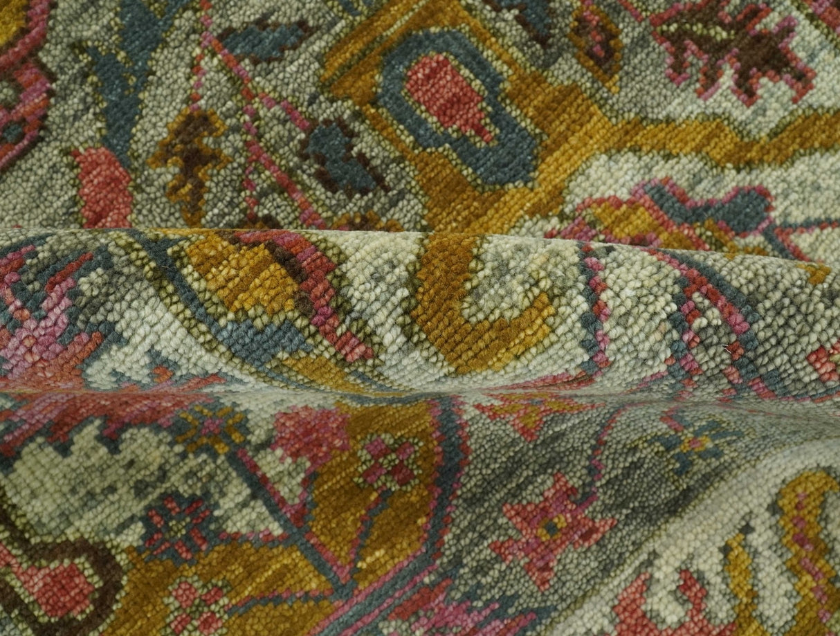 Transitional Green, Pink, Silver and Gold Hand Knotted Custom Made wool area rug