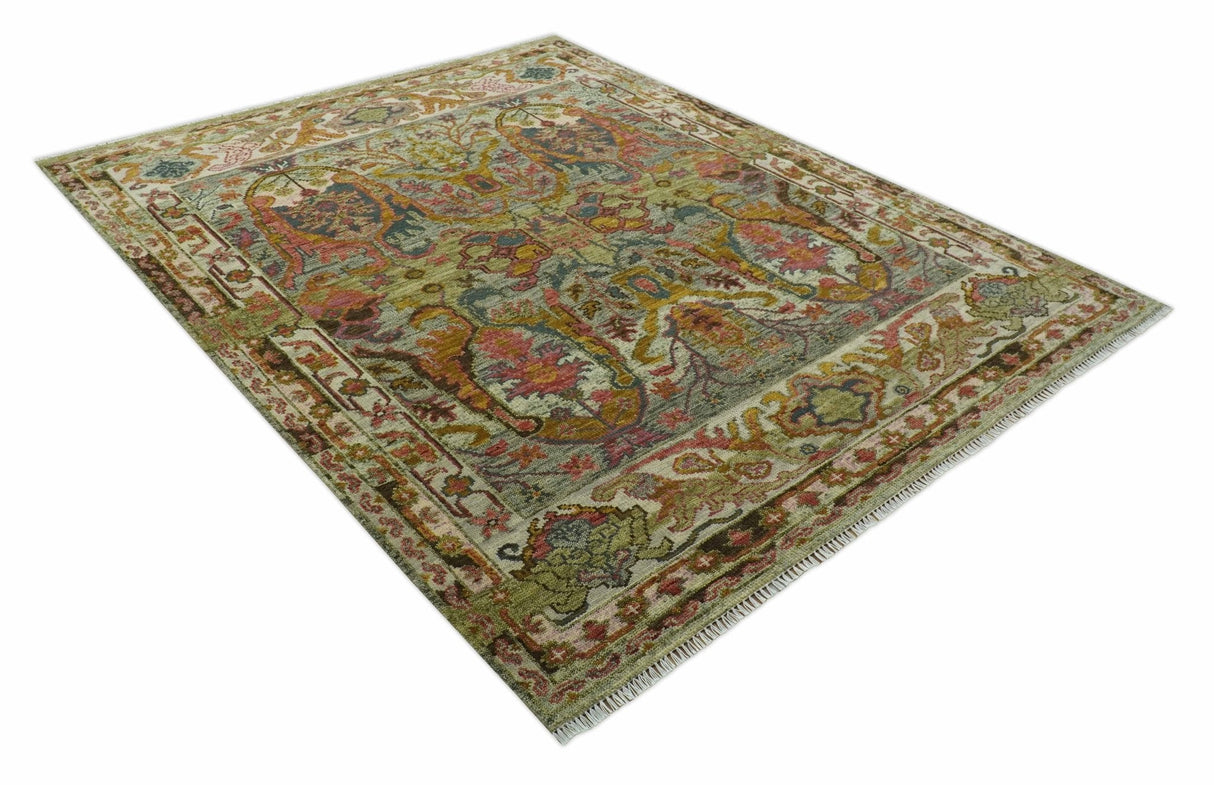 Transitional Green, Pink, Silver and Gold Hand Knotted Custom Made wool area rug