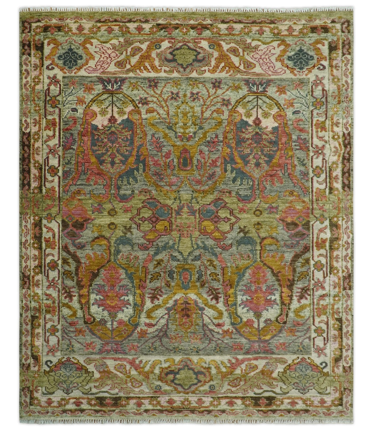 Transitional Green, Pink, Silver and Gold Hand Knotted Custom Made wool area rug