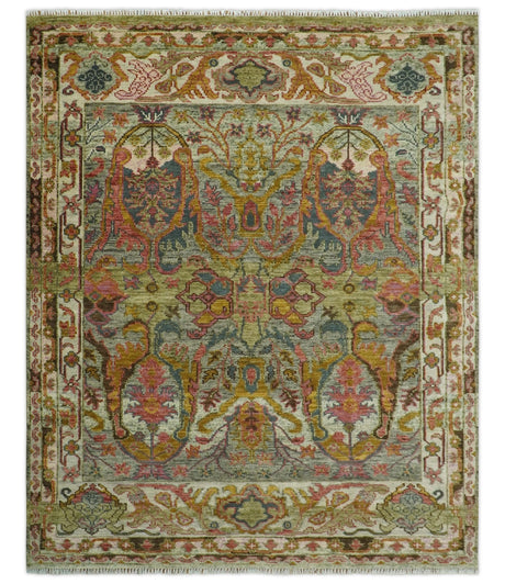 Transitional Green, Pink, Silver and Gold Hand Knotted Custom Made wool area rug