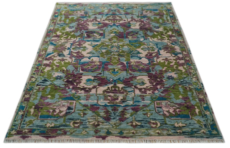 Transitional Hand Knotted Custom Made Green, Aqua, Peach and Purple Wool Rug
