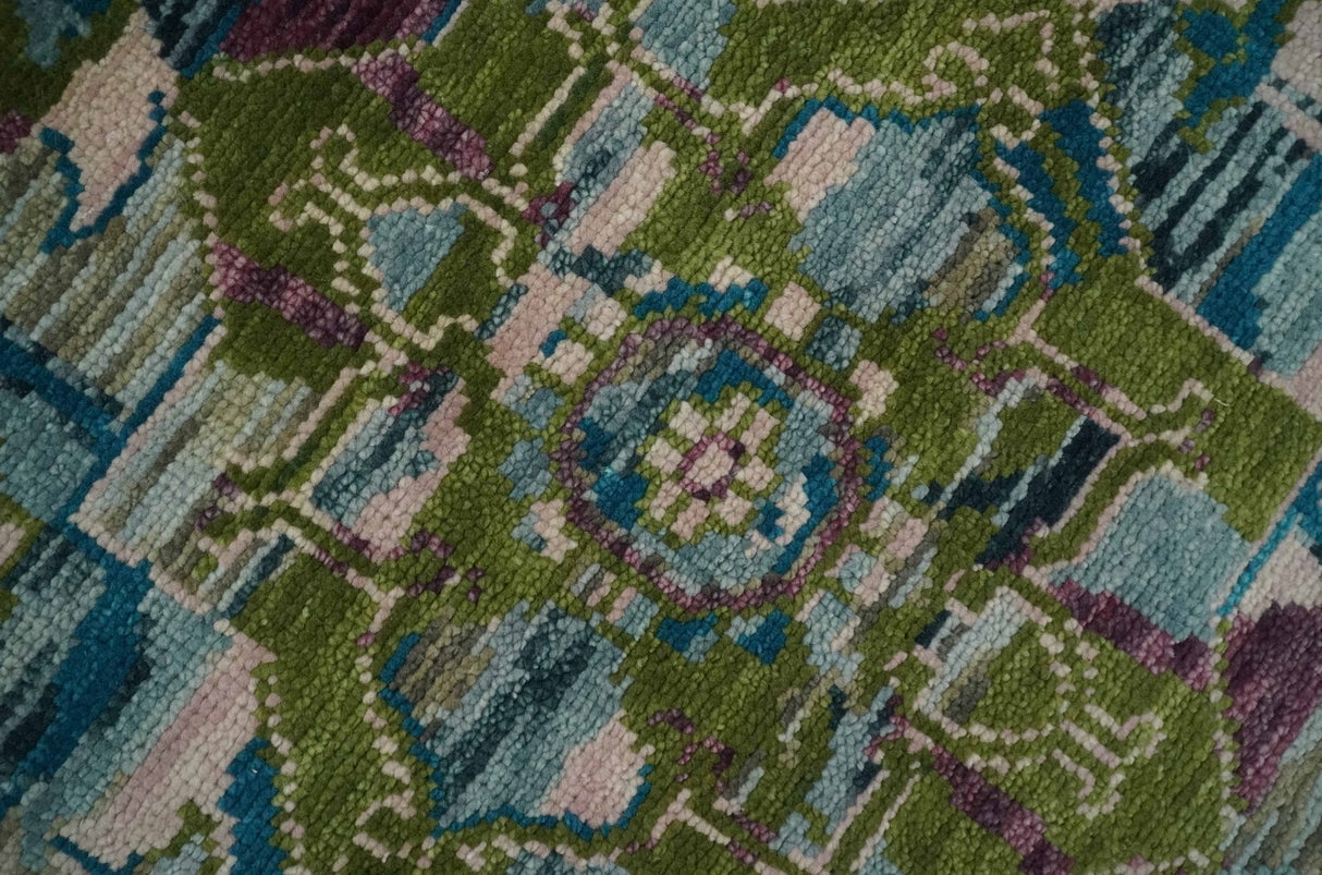 Transitional Hand Knotted Custom Made Green, Aqua, Peach and Purple Wool Rug