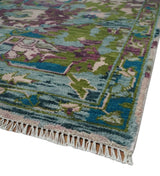 Transitional Hand Knotted Custom Made Green, Aqua, Peach and Purple Wool Rug