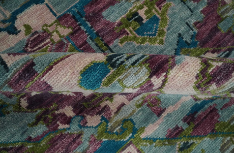 Transitional Hand Knotted Custom Made Green, Aqua, Peach and Purple Wool Rug