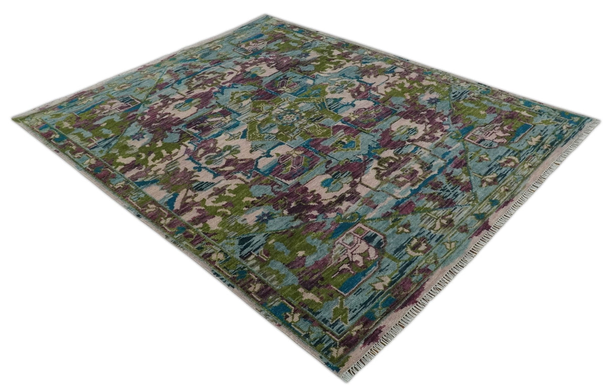 Transitional Hand Knotted Custom Made Green, Aqua, Peach and Purple Wool Rug