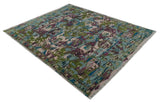Transitional Hand Knotted Custom Made Green, Aqua, Peach and Purple Wool Rug