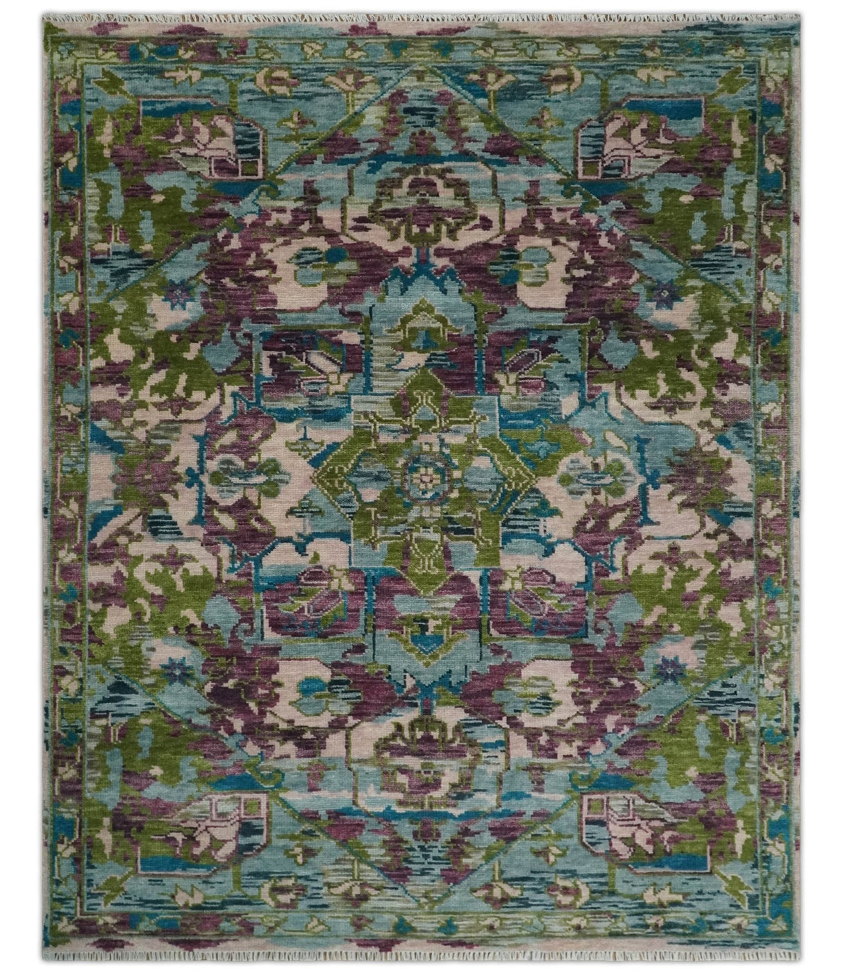 Transitional Hand Knotted Custom Made Green, Aqua, Peach and Purple Wool Rug