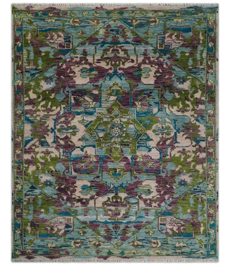 Transitional Hand Knotted Custom Made Green, Aqua, Peach and Purple Wool Rug