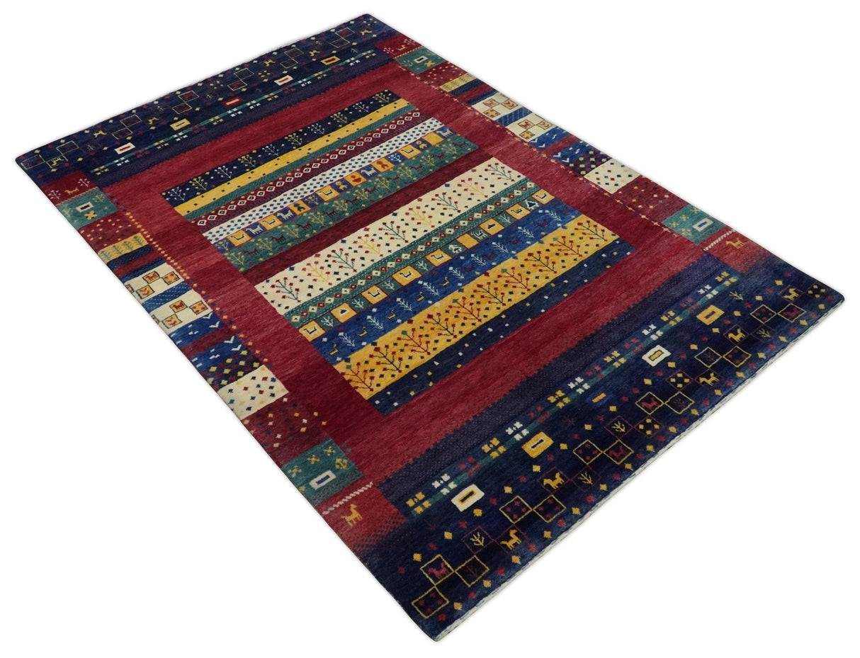 Tree 5x7 Multicolor Red and Blue Hand Knotted Wool Hand Made Lori Rug