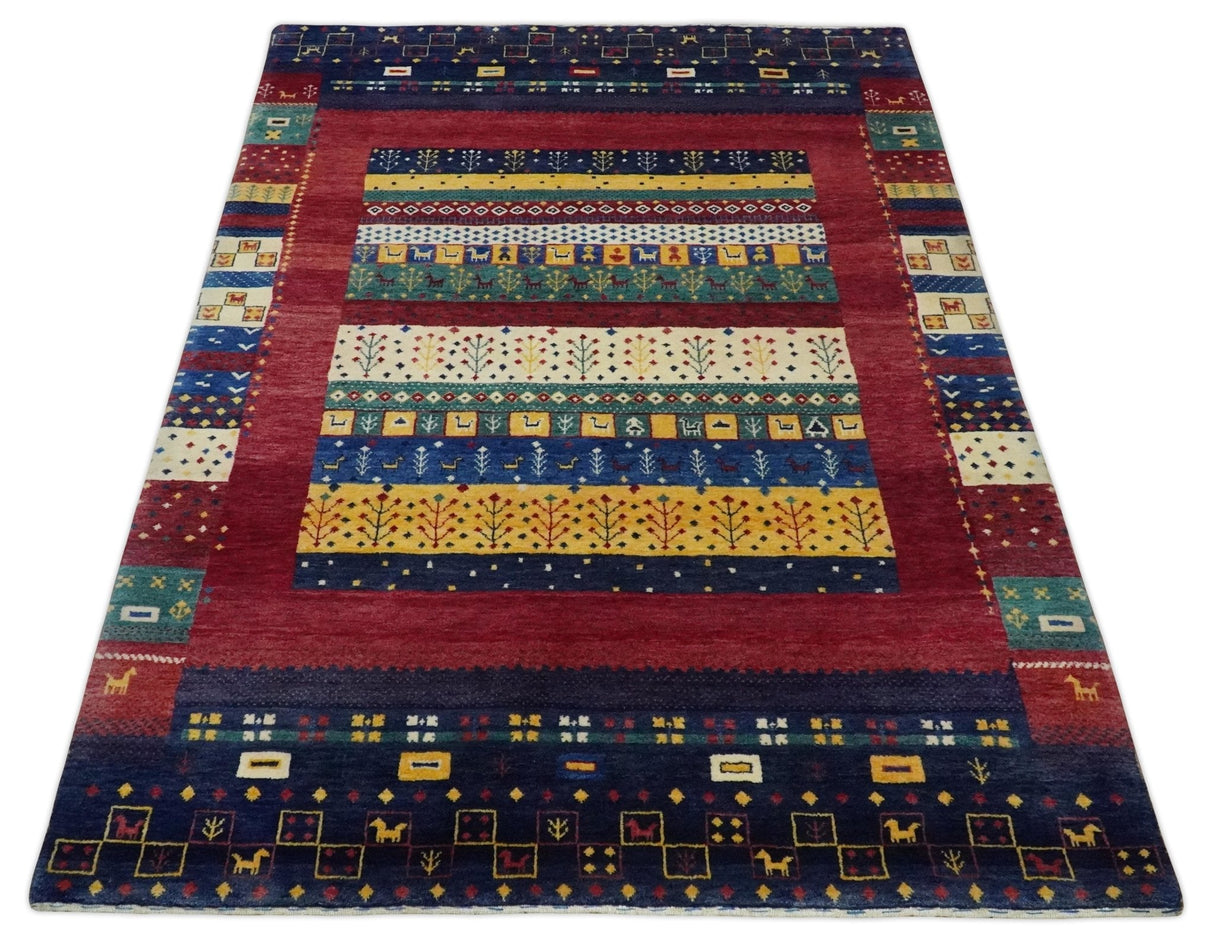 Tree 5x7 Multicolor Red and Blue Hand Knotted Wool Hand Made Lori Rug