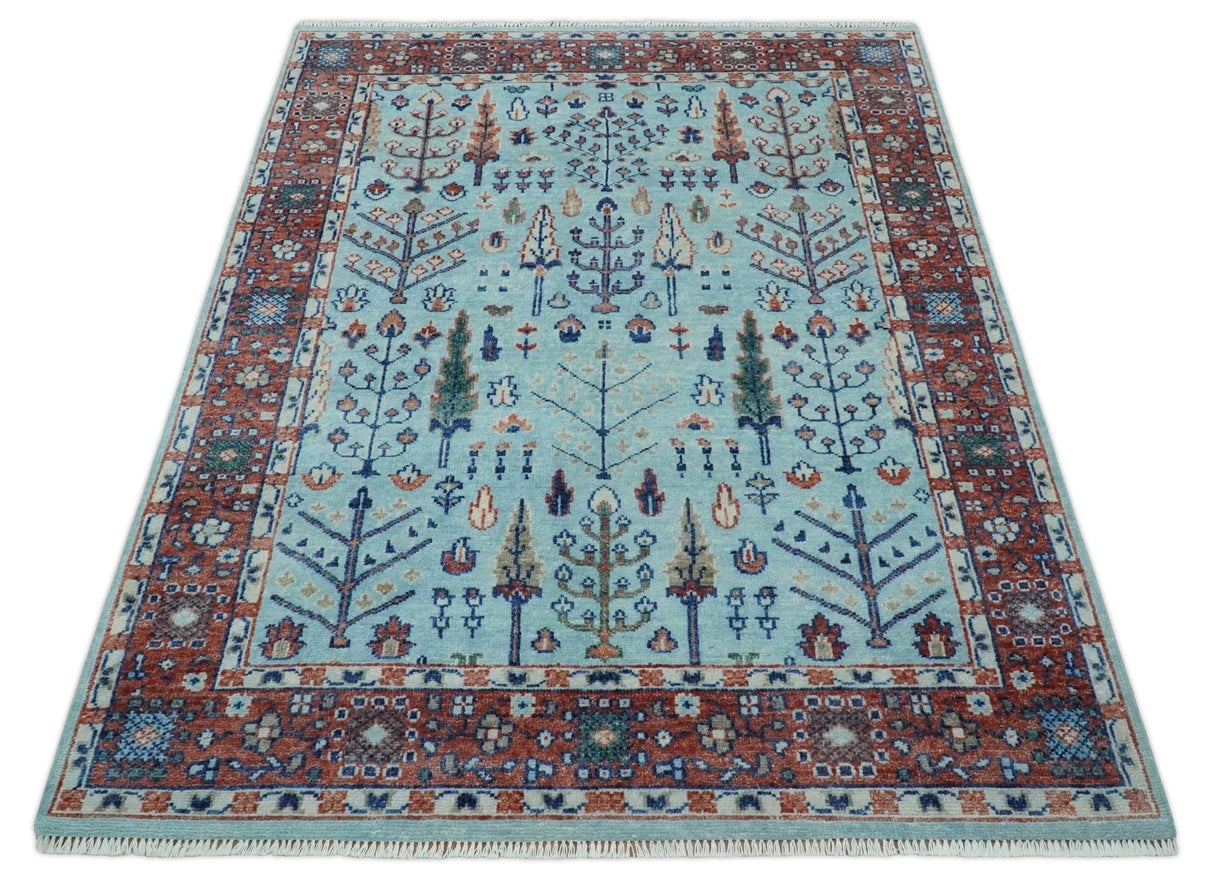 Tree of Life 8x10 Hand Knotted Blue and Rust Traditional Persian Vintage Oushak Wool Rug | TRD2747810S