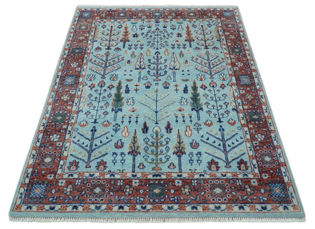 Tree of Life 8x10 Hand Knotted Blue and Rust Traditional Persian Vintage Oushak Wool Rug | TRD2747810S