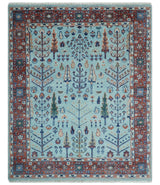 Tree of Life 8x10 Hand Knotted Blue and Rust Traditional Persian Vintage Oushak Wool Rug | TRD2747810S