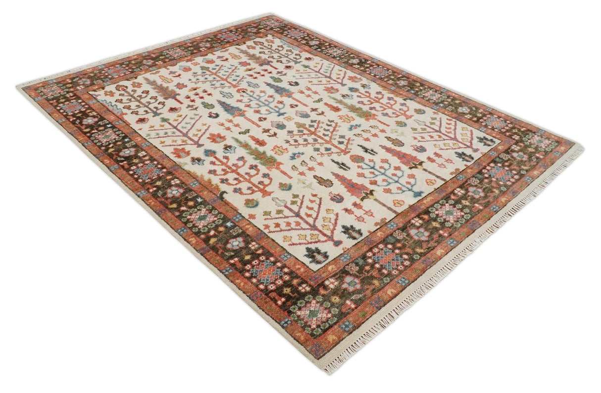 Tree of Life 8x10 Hand Knotted Ivory, Brown and Rust Traditional Oushak Wool Rug