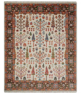 Tree of Life 8x10 Hand Knotted Ivory, Brown and Rust Traditional Oushak Wool Rug