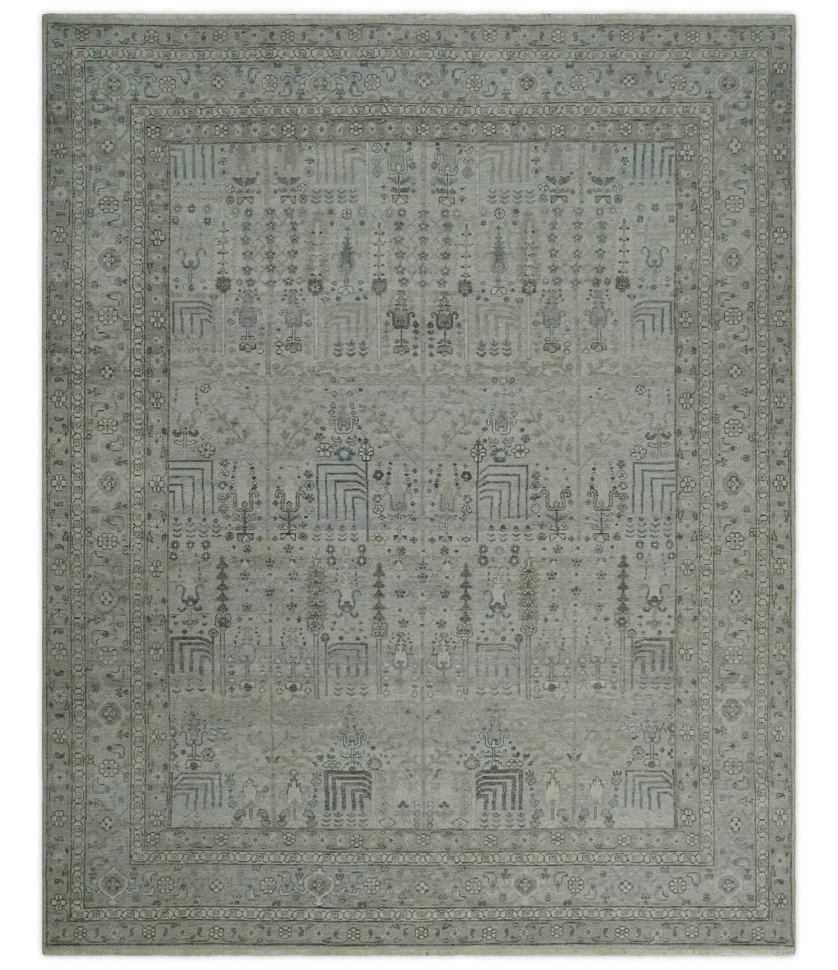 Tree of life Antique Distressed Finished Gray and Silver Low Pile Multi Size wool Area Rug