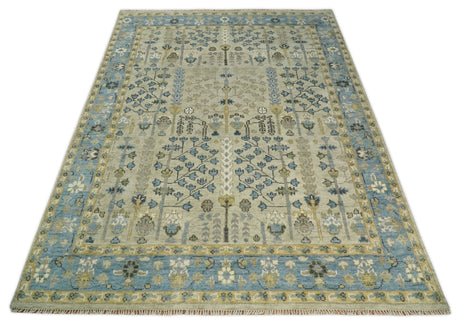 Tree of life Beige and Blue Traditional Hand Knotted Multi Size Wool Area Rug