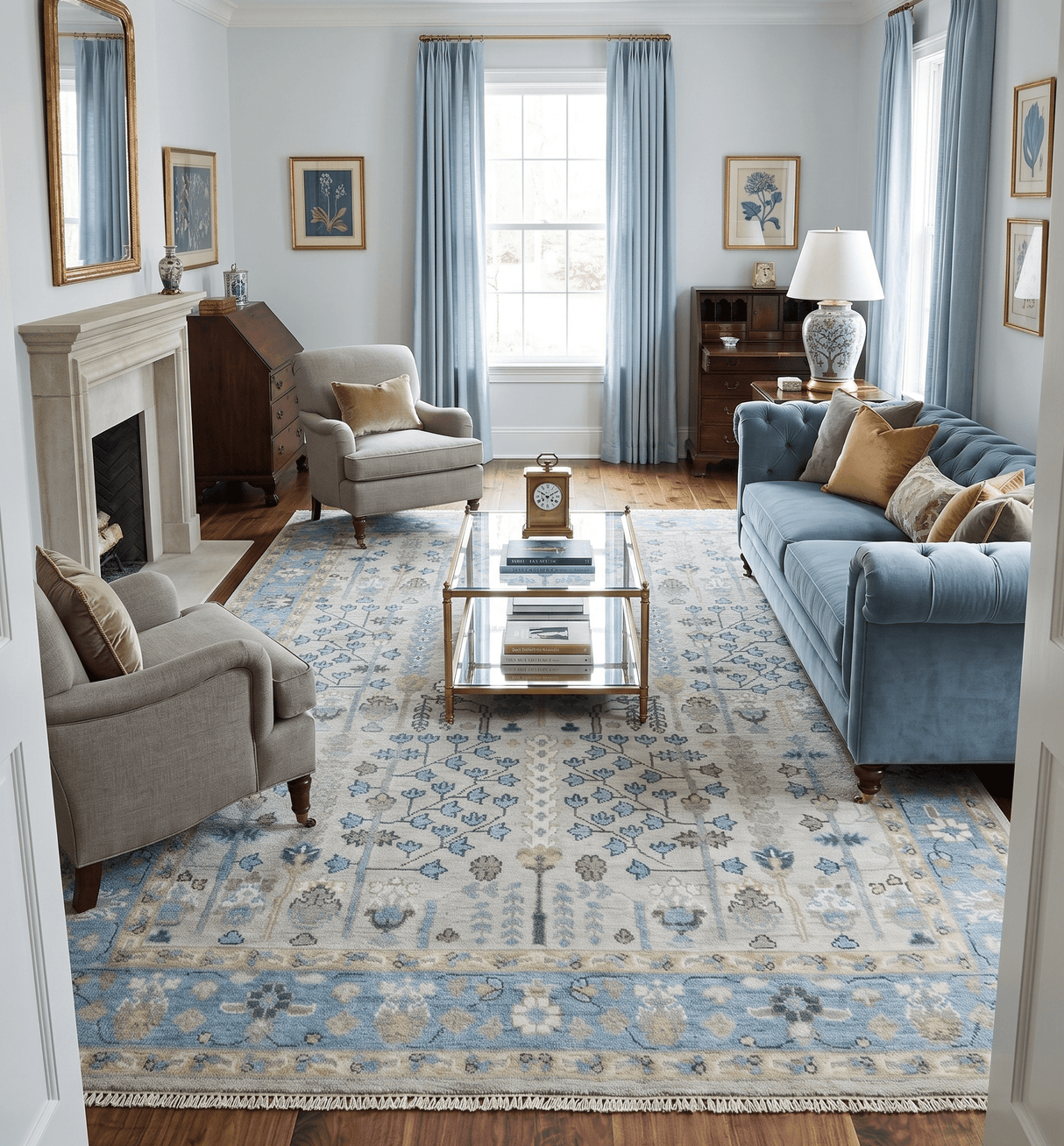 Tree of life Beige and Blue Traditional Hand Knotted Multi Size Wool Area Rug