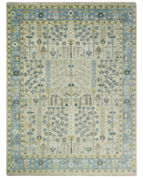 Tree of life Beige and Blue Traditional Hand Knotted Multi Size Wool Area Rug