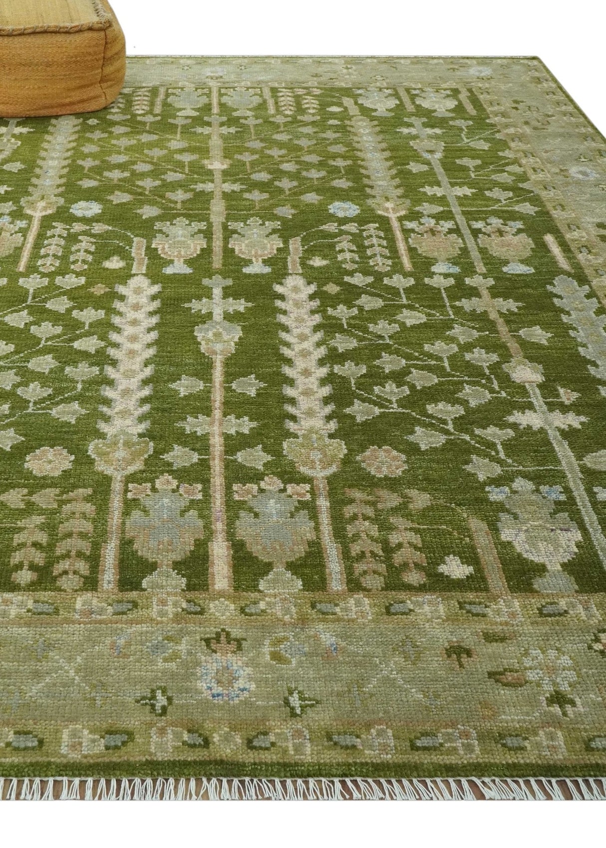 Alfombra de lana anudada a mano, tradicional y personalizada, con diseño Árbol de la vida verde y plata