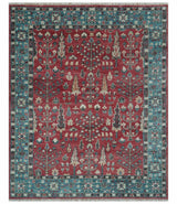 Tree of Life Hand Knotted 8x10 Maroon and Blue Traditional Wool area Rug