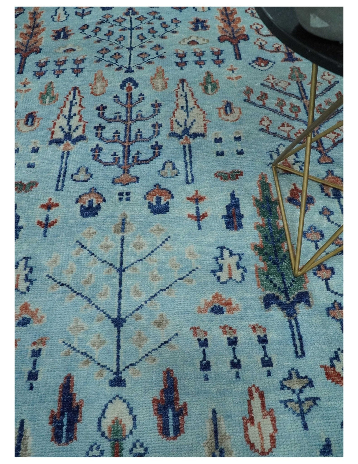 Tree of Life Hand Knotted Blue and Rust Oushak Custom Made Wool Rug