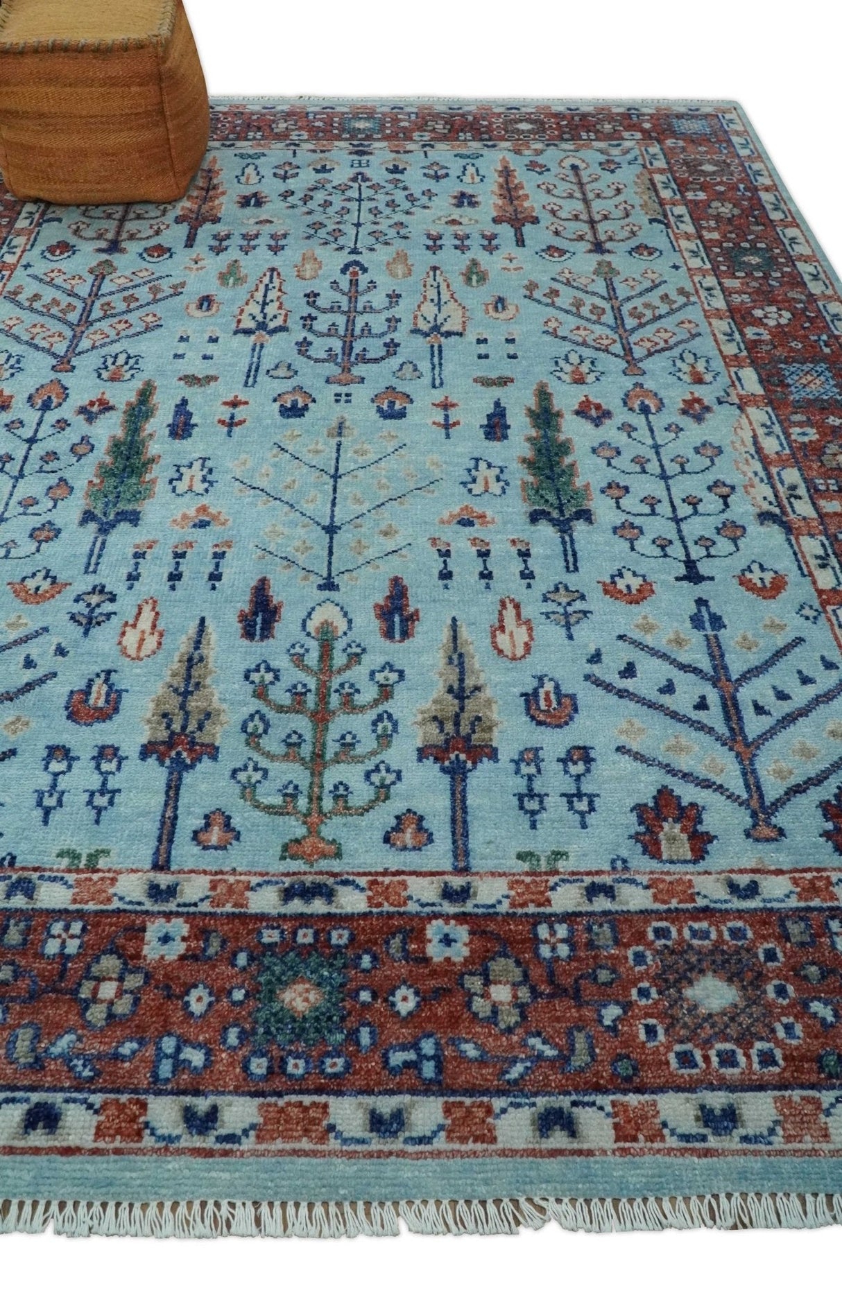 Tree of Life Hand Knotted Blue and Rust Oushak Custom Made Wool Rug