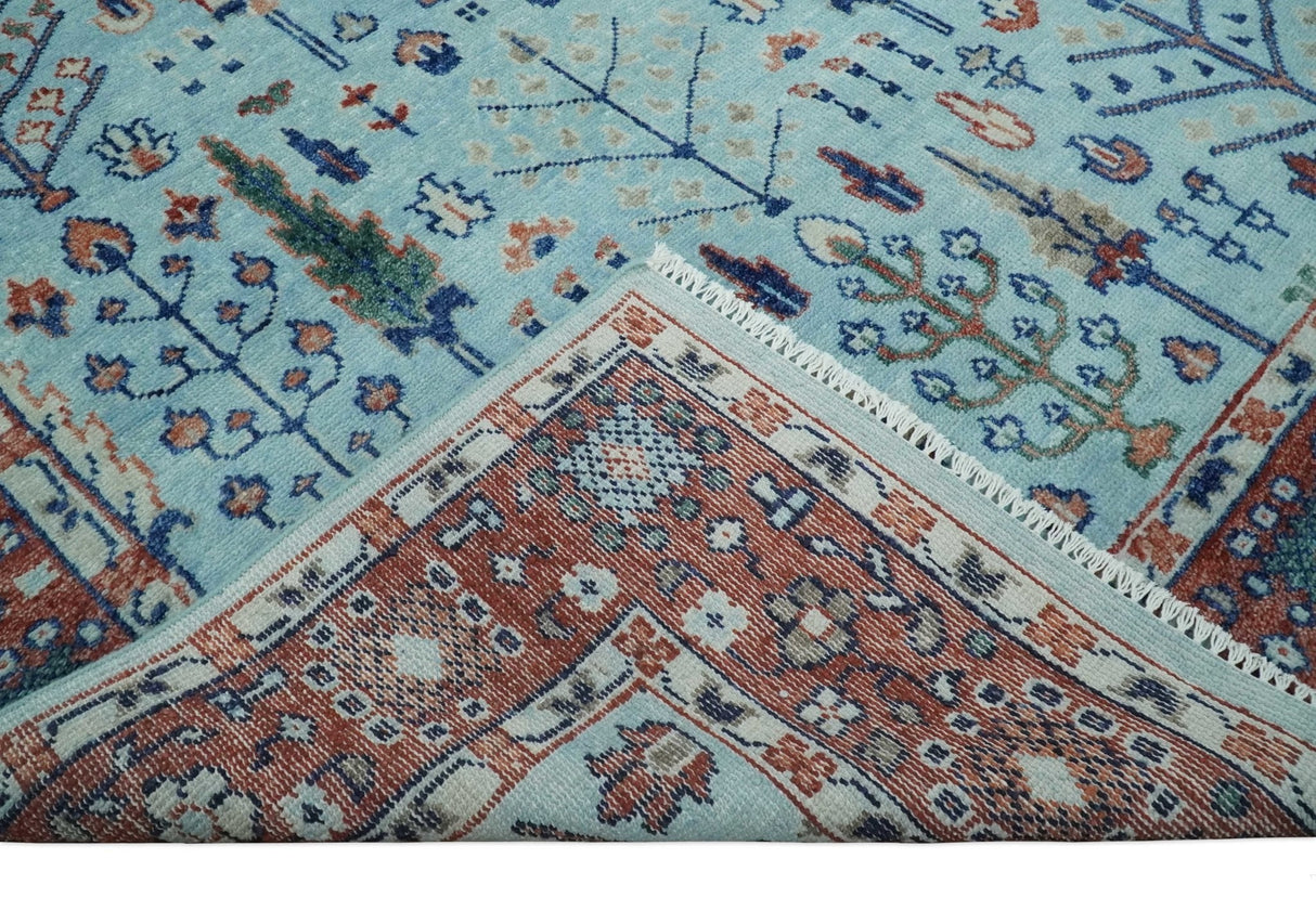 Tree of Life Hand Knotted Blue and Rust Oushak Custom Made Wool Rug
