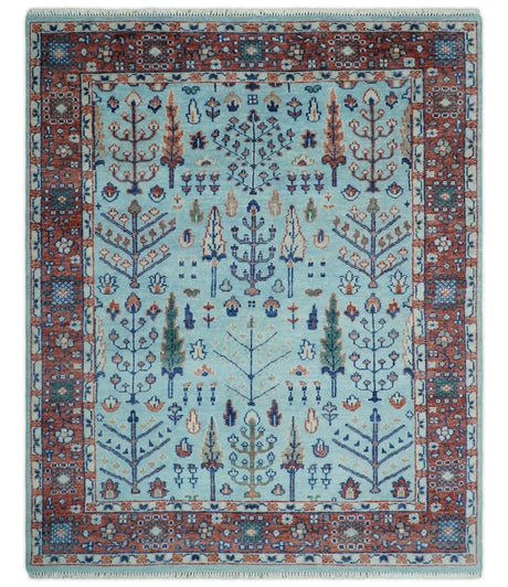Tree of Life Hand Knotted Blue and Rust Oushak Custom Made Wool Rug