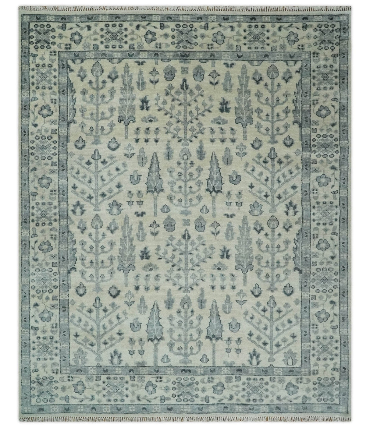 Tree of Life Hand Knotted Ivory and Charcoal Traditional Oushak 8x10 Wool Rug