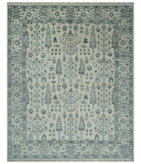 Tree of Life Hand Knotted Ivory and Charcoal Traditional Oushak Custom Made Wool Rug