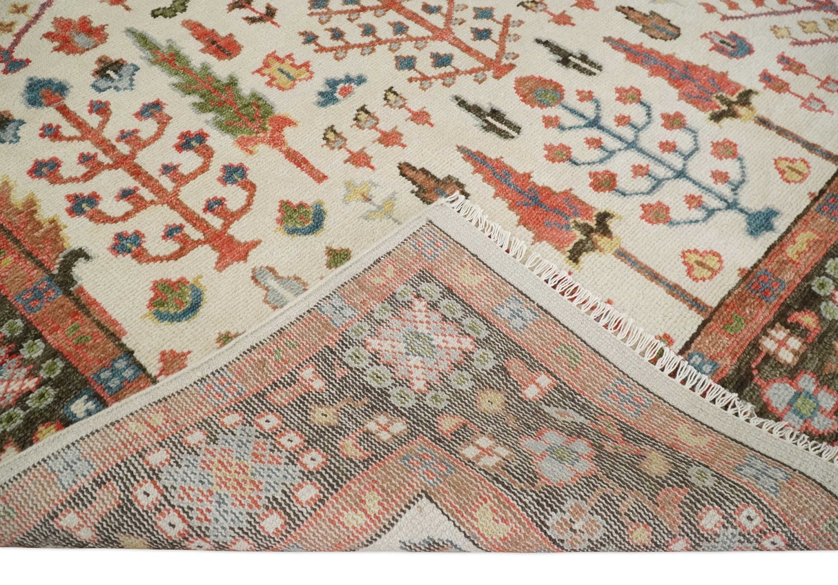 Tree of Life Hand Knotted Ivory, Brown and Rust Traditional Oushak Multi Size Wool Rug