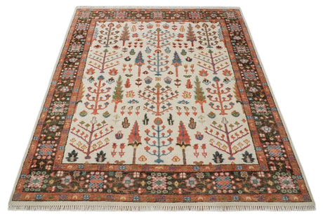 Tree of Life Hand Knotted Ivory, Brown and Rust Traditional Oushak Multi Size Wool Rug
