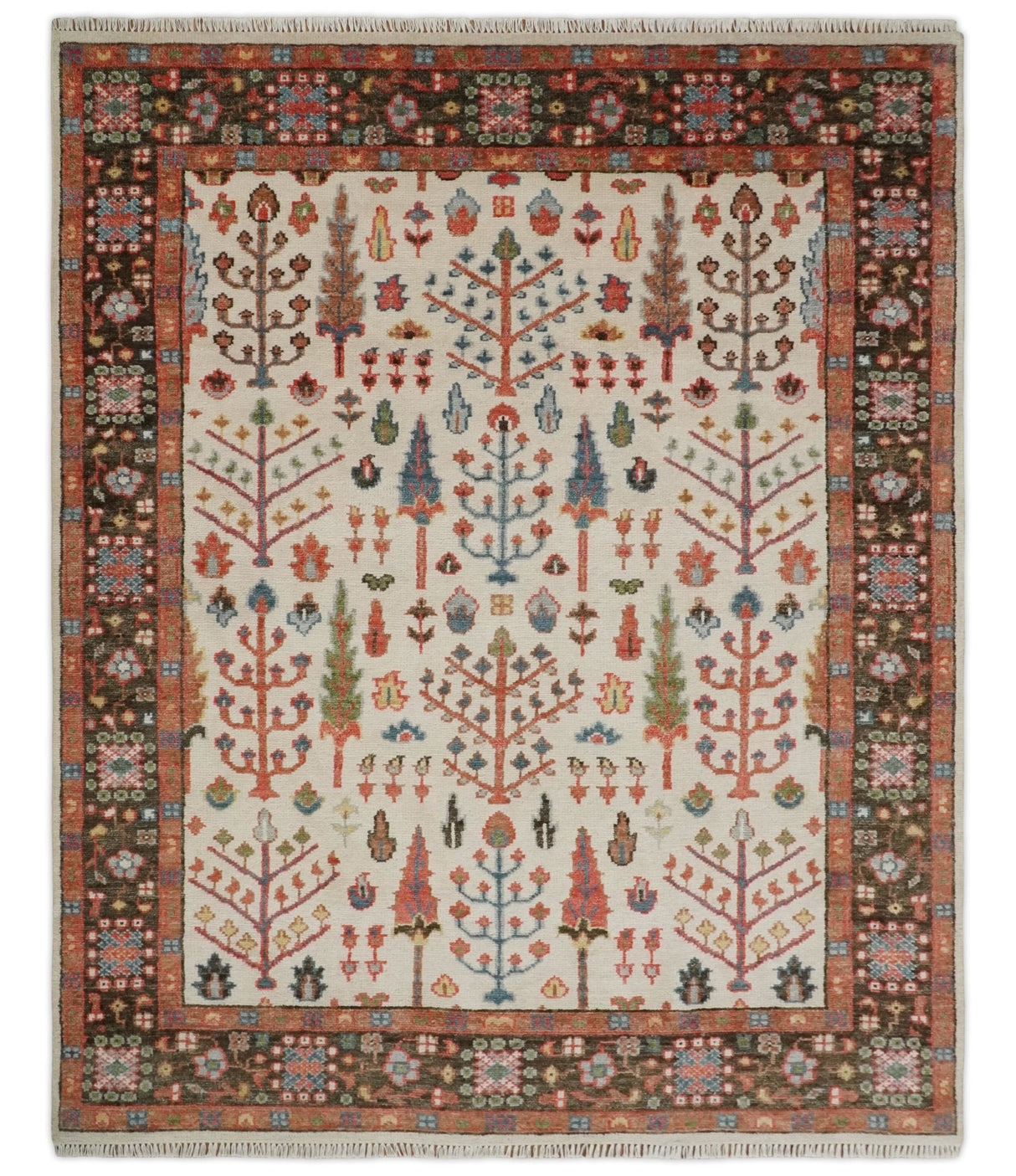 Tree of Life Hand Knotted Ivory, Brown and Rust Traditional Oushak Multi Size Wool Rug