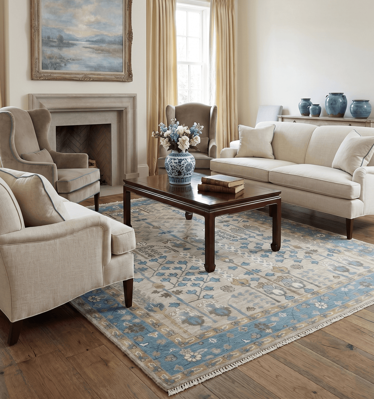 Tree of life Hand Knotted Traditional Beige and Blue Vintage Style Custom Made Wool Area Rug