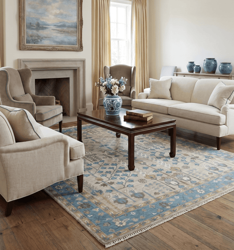 Tree of life Hand Knotted Traditional Beige and Blue Vintage Style Custom Made Wool Area Rug