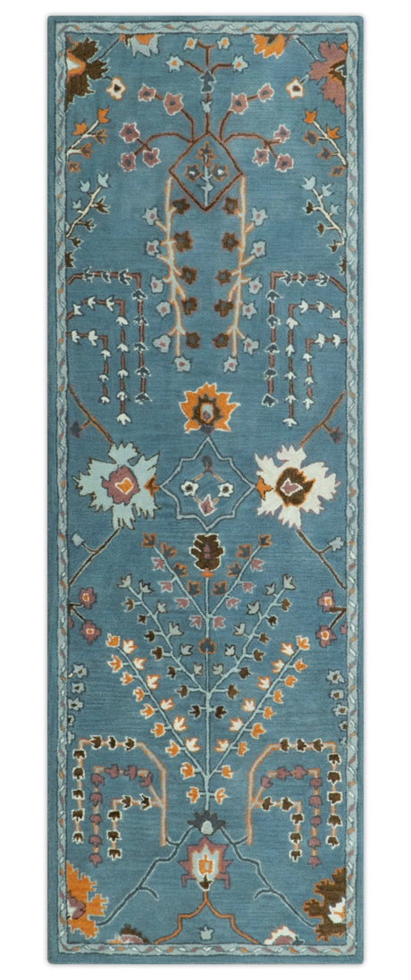 Tree of life Hand Tufted Teal Blue, Brown and Red Traditional Floral Custom Made Wool Area Rug, Kids, Living Room and Bedroom Rug