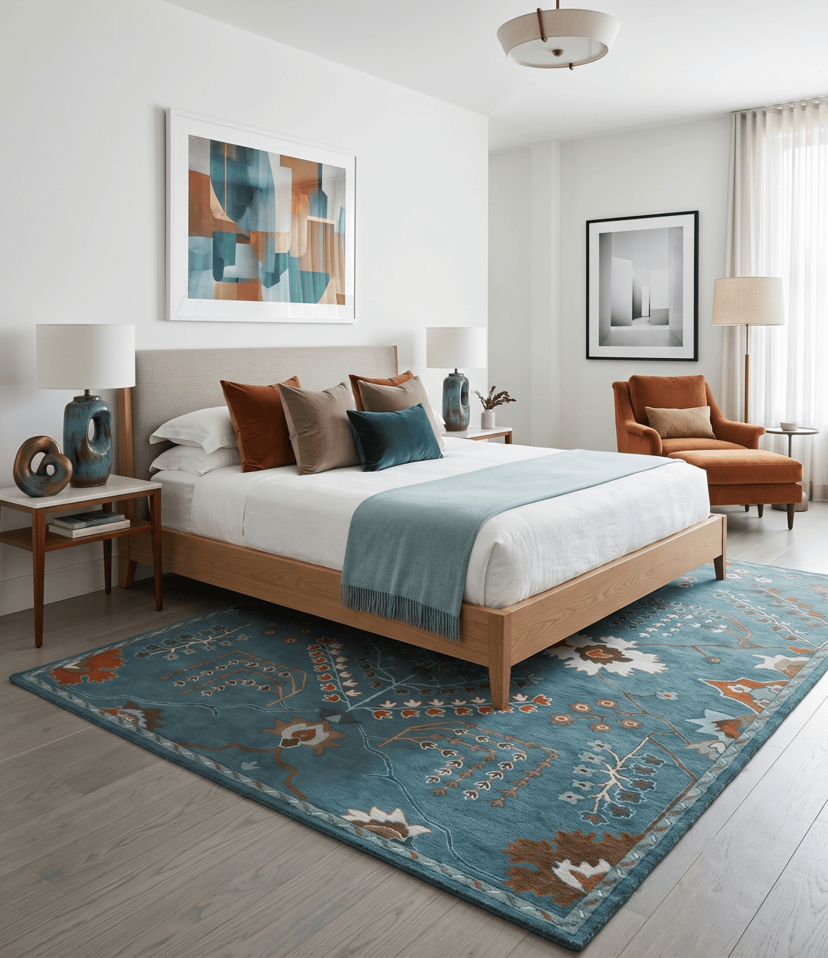 Tree of life Hand Tufted Teal Blue, Brown and Red Traditional Floral Custom Made Wool Area Rug, Kids, Living Room and Bedroom Rug