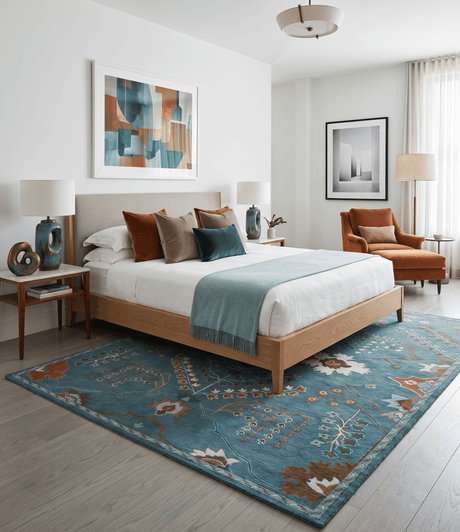 Tree of life Hand Tufted Teal Blue, Brown and Red Traditional Floral Custom Made Wool Area Rug, Kids, Living Room and Bedroom Rug