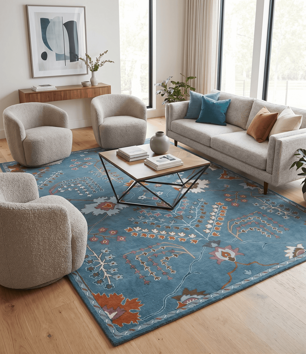 Tree of life Hand Tufted Teal Blue, Brown and Red Traditional Floral Custom Made Wool Area Rug, Kids, Living Room and Bedroom Rug